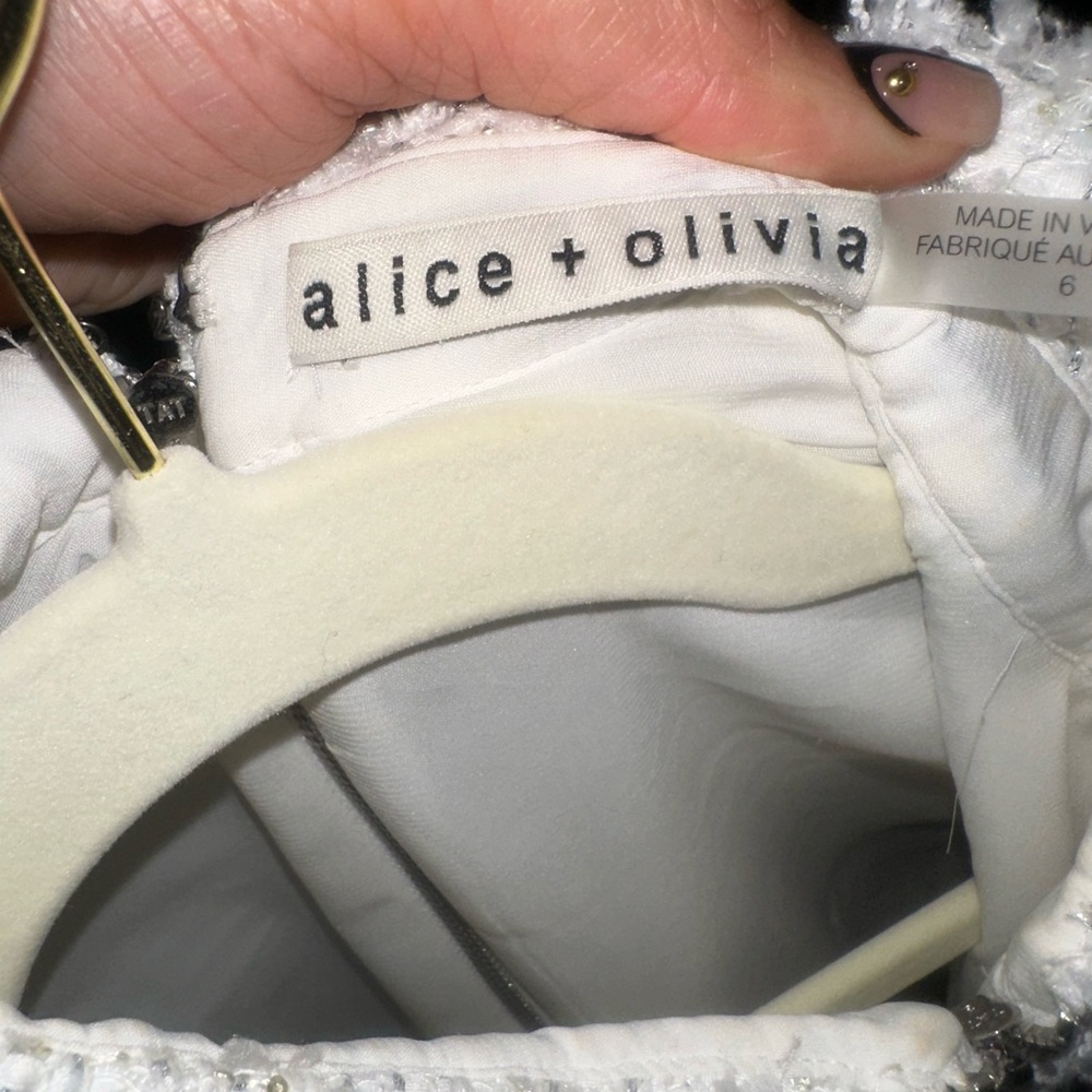 Alice + Olivia White Tweed Mini Dress with Silver Chain Trim - Picture 4 of 6